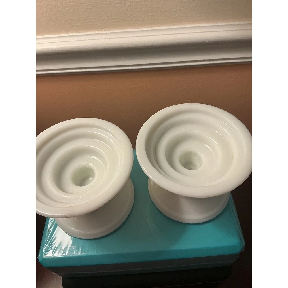 Vintage White Milk Glass Candlestick Holders Pair Embossed Floral Pedestal Set 2